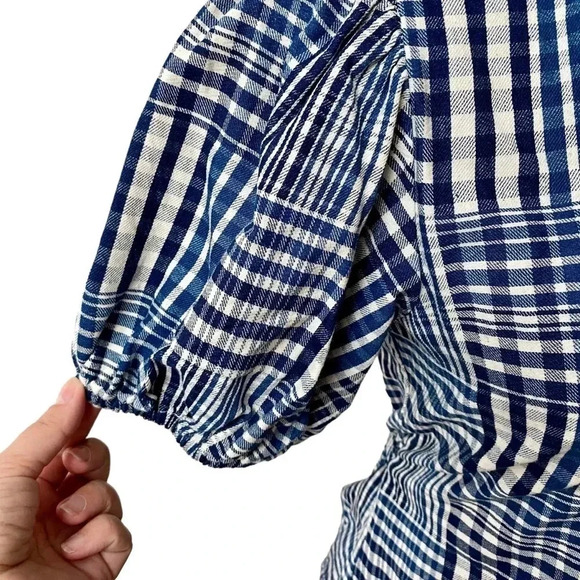 J.Crew Puff Sleeve Wrap Top Indigo Plaid Patchwork Cotton Blouse Size XS - Picture 4 of 15